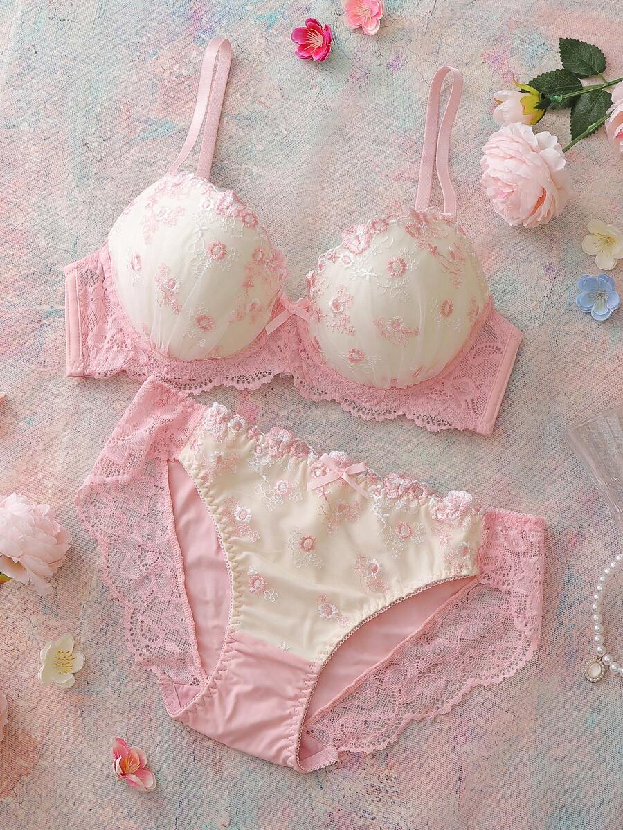 女士花卉刺绣网纱蕾丝内衣套装 - 粉色 - 查看 1