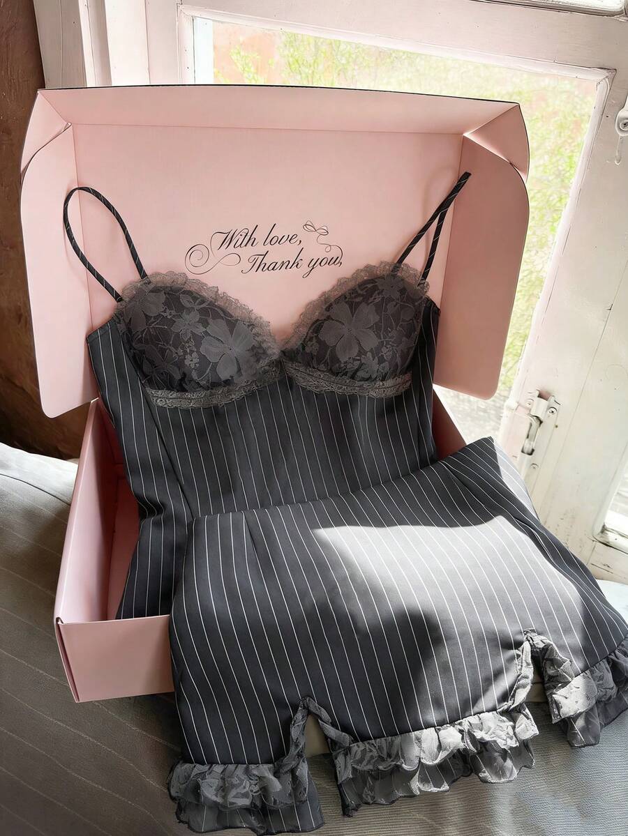 Elamini 女士优雅蕾丝拼接条纹吊带背心和迷你裙两件套，夏季 - 灰色 - 查看 1