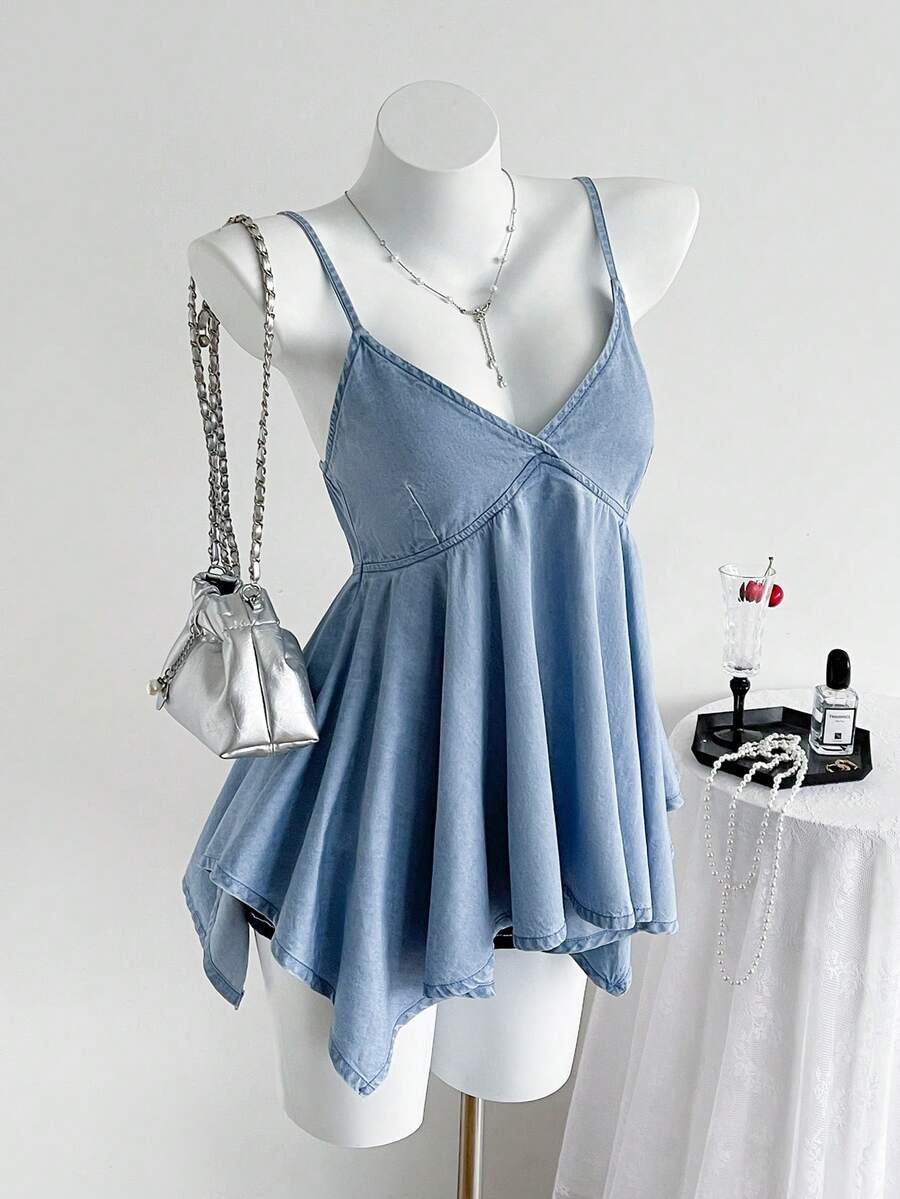 SHEIN Women's Asymmetrical Ruffle Hem Denim Camisole Top - Blue - View 1