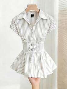 Franclia Black And White Striped,Summer,Elegent,Office Women's Short-Sleeved Fitted Shirt With D-Ring Button Front,Adjustable Peplum Blouse For Work Attire - White - View 3