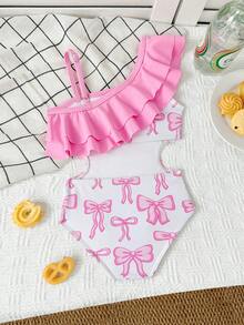 Áo tắm liền thân cho bé gái, họa tiết bướm, phối bèo nhún, cổ bất đối xứng. - Nhiều màu - Xem 2