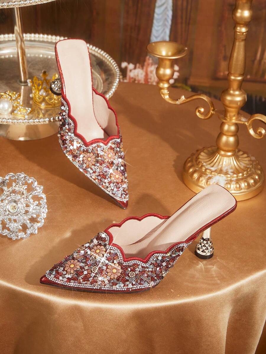 CUCCOO TILAWA Sepatu Pesta Wanita Model Ujung Lancip Hak Tinggi Berhiaskan Berlian Imitasi untuk Natal dan Hari Valentine - Merah - View 1