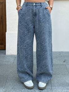 Dazy Plus Vintage Washed Blue Floral Print Relaxed Fit Long Jeans, Versatile For All Seasons - Medium Wash - View 6
