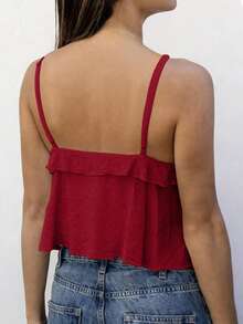 INAWLY Women's Solid Color Ruffle Trim Camisole Top For Vacation - Red - View 2