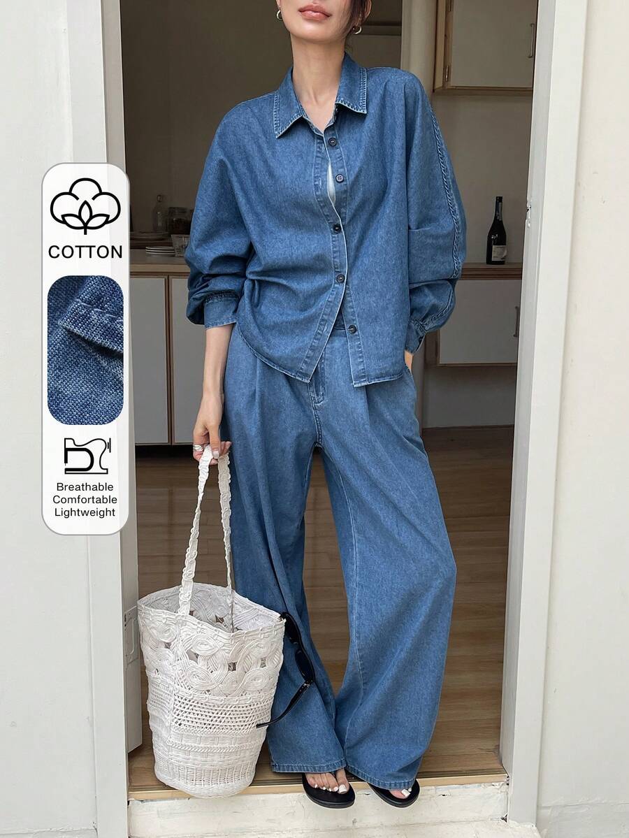 DAZY 女士休闲水洗牛仔衬衫和阔腿牛仔裤套装，春季 - 中等水洗藍 - 查看 1