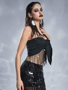 ROMWE Grunge Punk 性感亮片流苏抹胸上衣 - 黑色 - 查看 4