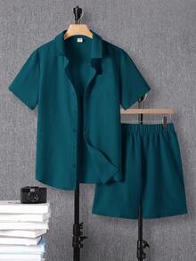 两件套青少年男童休闲舒适针织短袖衬衫和短裤套装，春季服装 - 墨綠色 - 查看 3