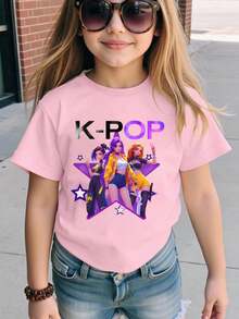 少女休闲卡通印花圆领短袖T恤，夏季 - 粉色 - 查看 2