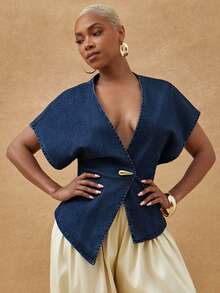 Vixey 中等水洗牛仔布不对称下摆单扣马甲上衣 - 深色水洗藍 - 查看 1