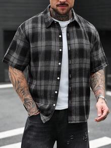 SLATEMANN Camisa casual de manga corta con un solo abotonado y estampado de cuadros para hombres - Multicolor - Ver 4
