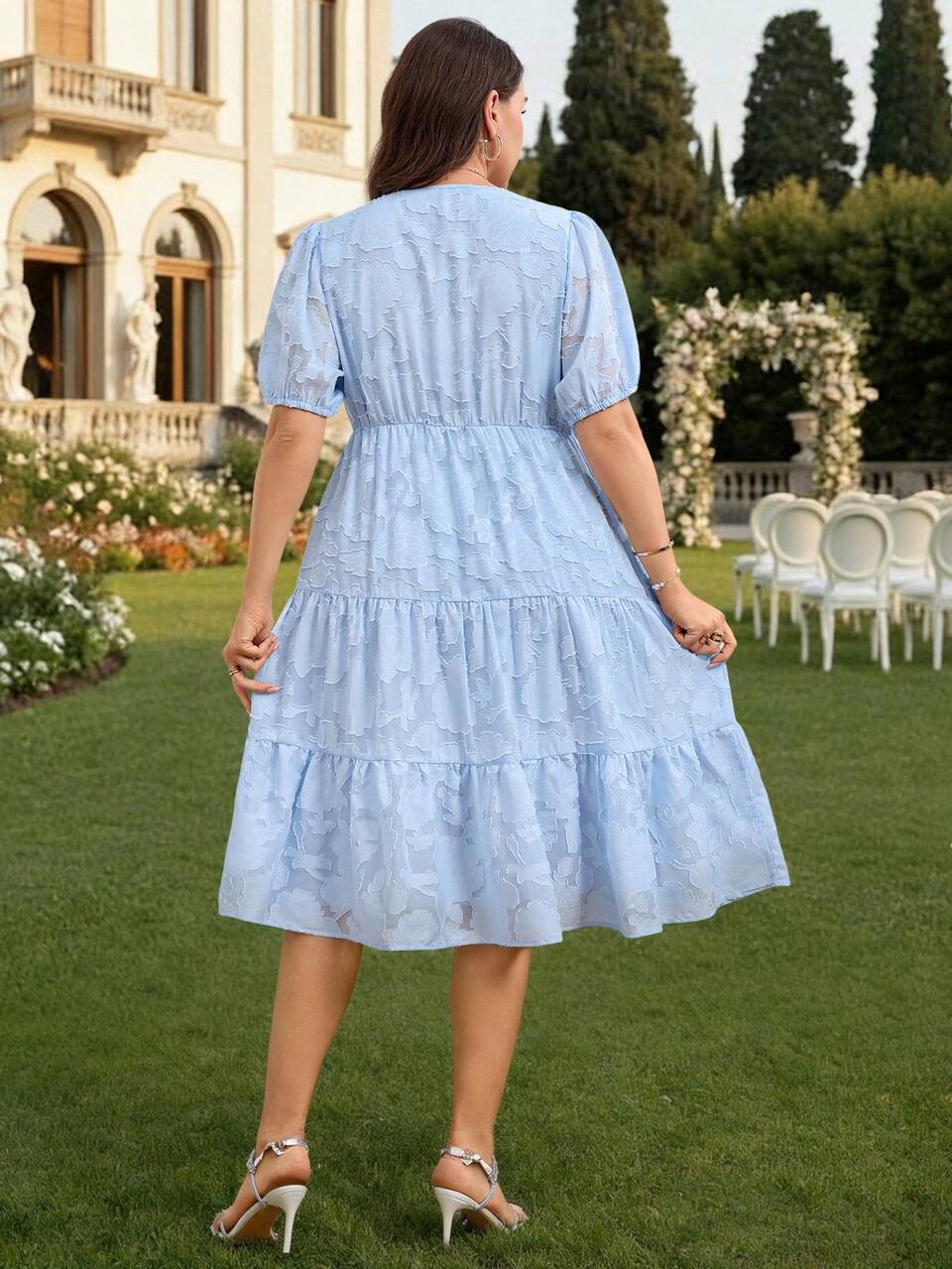 Zanzea Plus Size Women's Brown Elegant Summer Dress,Cutout Round Neck Short Petal Sleeve Casual Tea Party Gym Dress,Beach Vacation Holiday Outfits