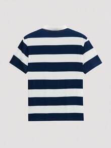 Open Phase 男士简约蓝白条纹学院风字母 Polo 衫，适合上学、外出和送朋友礼物 - 藍色 - 查看 2