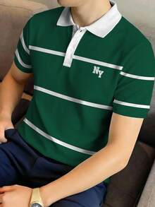 Manfinity Joysei 男士简约绿白条纹纽约字母 Polo 衫，适合上学、外出和送朋友。 - 彩色 - 查看 3