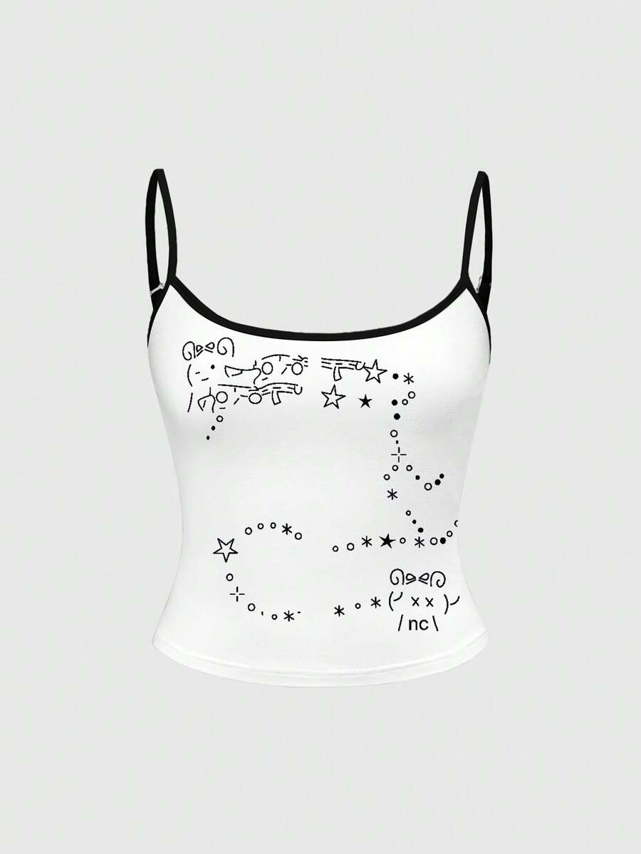 ROMWE Grunge Punk 性感Y2K可爱撞色吊带背心 - 黑色 - 查看 1