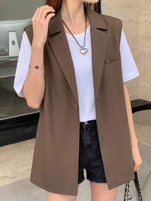 DAZY 女士前扣无袖口袋纯色休闲马甲 女士西装外套 秋冬商务装 - 棕色 - 查看 6
