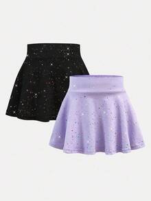 SHEIN 两件套女童运动服短裤和短裙，瑜伽休闲款，弹力星空印花图案，舒适迷你裙，返校季 - 彩色 - 查看 2