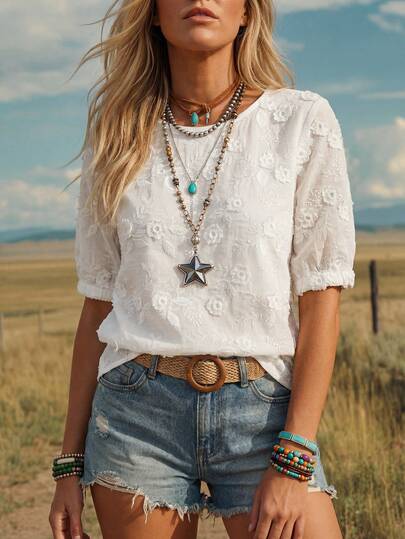 Wildy BOHO Women's White Semi-Sheer Woven Fabric Blouse With Delicate 3D Floral Embroidery, Round Neck, And Half Sleeves For A Casual Style Casual