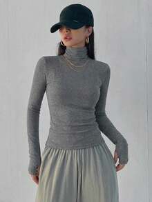 DAZY Women's Casual Solid Color Turtleneck Long Sleeve Slim Fit T-Shirt, Autumn,Fall Women Clothes - Grey - View 2