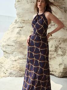 MOTF PREMIUM WOMEN'S LINEN ALL OVER PRINTED LONG DRESS, SPRING/SUMMER - Navy Blue - View 5