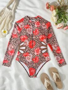 SHEIN 少女碎花豹纹连体长袖泳衣 - 彩色 - 查看 2