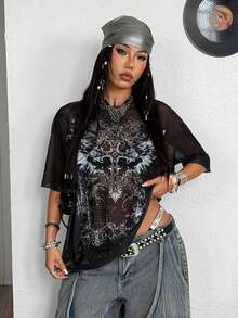 Coolane T-shirt oversize noir confortable, respirant et extensible avec graphiques vintage sexy, décontracté, grunge, gothique, punk et gyaru. Streetwear d'été pour femmes et hommes - Noir - Voir 4