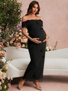 SHEIN Maternity Solid Color Off-Shoulder Fitted Fashionable Summer Dress - Black - View 6