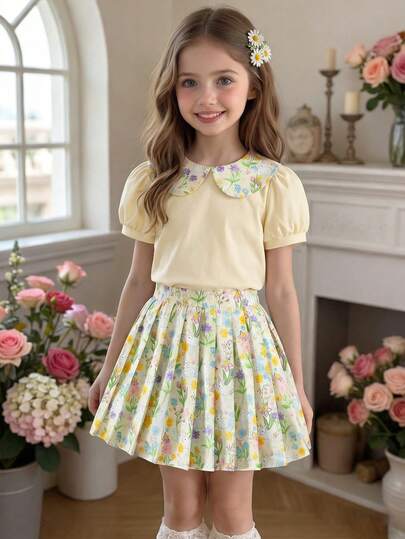 SHEIN Genkimix Kids 女童休闲甜美彩色碎花荷叶边领上衣搭配松紧腰百褶裙套装，色彩鲜艳，适合夏季度假、日常穿着、外出、派对等场合。