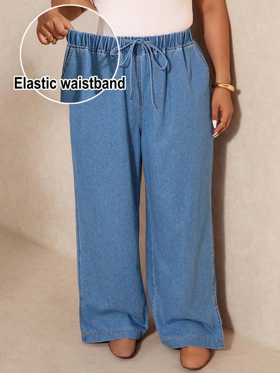 Elaquor 大码休闲水洗宽松抽绳腰牛仔裤 - 淺色水洗藍 - 查看 1