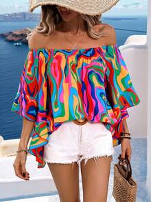 Wandoria Marble Pattern Off Shoulder Ruffle Trim Loose Casual Shirt - Green - View 1