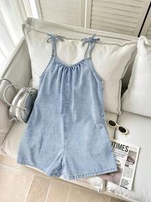 SHEIN Bộ áo liền quần denim dáng rộng, bèo nhún cho bé gái tuổi teen, kiểu dáng thường ngày. - Rửa nhẹ - Xem 9