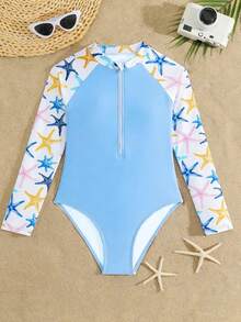 Tween Girl Starfish Print Zipper Half-Placket Long Sleeve One-Piece Swimsuit, Suitable For Beach Vacation, Pool Party, Beach Party - Multicolor - View 3