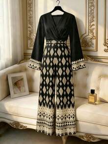 Franclia V-Neck Pleated Fashionable Minimalist Elegant Delicate Ethereal Long Sleeve Black & Gold Foil Print Jumpsuit, Women's Spring Autumn Apparel, Graceful Romantic Women's Clothing, Autumn Women's Wear, Women's Banquet Jumpsuit, Women's Black Jumpsuit, Women's High-End Black & Gold Jumpsuit - Black - View 1