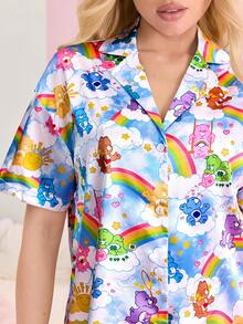 SHEIN X Care Bears Women's Cartoon Print Button-Up Short Sleeve Top And Shorts Casual Loungewear Pajama Set - Blue - View 4