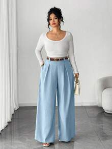 Elenzga Celana Panjang Wanita Ukuran Besar Warna Beige Polos dengan Potongan Lebar, Gaya Elegan, Modis untuk Berpergian dan Pakaian Kantor - Baby Blue - View 5