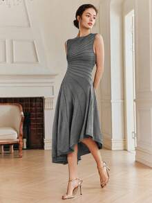 Anewsta Women's Solid Color Round Neck Pleated Elegant Waist Midi Dress For Party - Grey - View 4