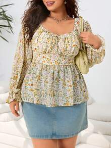 Solflare Plus Size Women's Vacation Ditsy Floral Front Tie Off Shoulder Long Sleeve Fashionable Blouse - Multicolor - View 4
