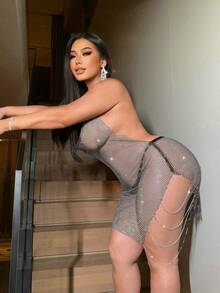 NU&NOW 性感海滩度假派对水钻网状链条装饰垂褶领连衣裙 - 黑色 - 查看 2