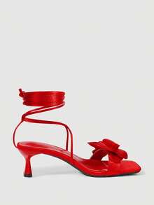 SheIn MOD Giày sandal cao gót nữ kiểu La Mã thanh lịch, mũi vuông, gót mỏng, họa tiết hoa cá mòi đỏ mùa hè. - Màu Hoa hồng đỏ - Xem 2