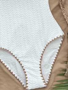 SHEIN Traje de baño de una pieza para adolescentes con detalles de estrella de mar metálica, textura de punto y ribete de contraste para el verano y la playa - Albaricoque - Ver 7