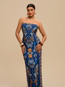 Travachic Women's Blue Strapless Knit Abstract Floral Print Symmetrical Pattern Boho Maxi Dress,Plus Size Summer Vacation Holiday Beachwear Outfits - Blue - View 11