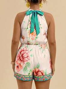 Travachic Bộ jumpsuit cỡ lớn cổ yếm xẻ tà, họa tiết nhiệt đới, hở vai, dáng rộng thanh lịch, thích hợp mặc hàng ngày và đi nghỉ mát, mùa xuân/hè, họa tiết đối xứng. - Nhiều màu - Xem 9