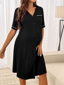 SHEIN Maternity Front Button Short Sleeve Delivery Dress - Black - View 1
