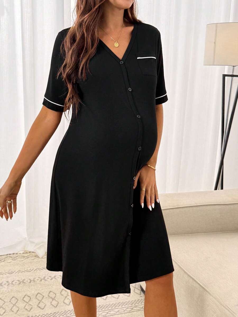 SHEIN Maternity Front Button Short Sleeve Delivery Dress - Black - View 1