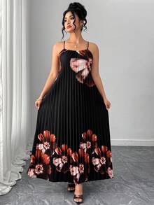 Elenzga Plus Size Woven Floral Digital Criss-Cross Strap Bow Tie Pleated Backless Elegant, Sexy, Vacation, Casual, Daily, Date Camisole Dress Summer Spring Wedding Guest Dress For Women Elegant Dresses For Party - Black - View 7