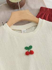SHEIN LMoss Kids Bộ đồ dành cho thiếu nữ màu đỏ mơ gồm áo liền thân họa tiết hoa 3D dệt jacquard và quần ống rộng phối màu tương phản với nơ. - Đỏ - Xem 4