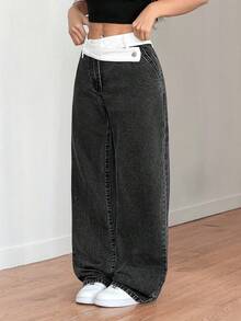 SHEIN Tall Women's Summer Casual High Waist Wide Leg Jeans Contrast White Fold Waist Washed Black Denim Loose Baggy Pants With Button Detail For Streetwear Outfits Women's Versatile For Summer Loose Straight Leg Jeans - Black - View 3