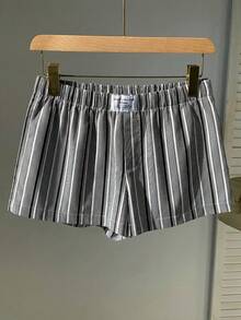 Comfortcana Quần short nữ kiểu dáng thường ngày, kẻ sọc, cạp chun, có chữ in nổi, thích hợp cho mùa hè. - Đen và trắng - Xem 6