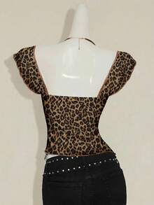 SHEIN ICON 女士纯色纹理针织双层荷叶边下摆甜心领短袖优雅T恤，适合休闲街头穿着 - 彩色 - 查看 2