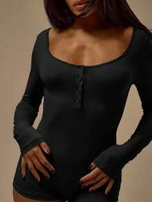 MUSERA ESSENTIALS Pink Heart All Over Print Button Down Fitted Long Sleeve Mini Short Romper Valentines Sexy Lingerie Date Cute Evening Essential - Black - View 2