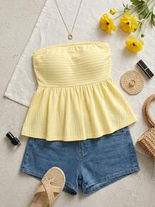 SHEIN Essnce Áo quây màu vàng nhạt dành cho nữ cỡ lớn, thời trang xuân/hè, chất liệu co giãn, thoải mái, cơ bản, đa năng, tôn dáng, vải có họa tiết, thích hợp mặc hàng ngày, trang phục mùa hè, áo đi chơi, trang phục đi nghỉ mát, quần áo dễ thương cho người có đường cong quyến rũ. - Màu vàng - Xem 7